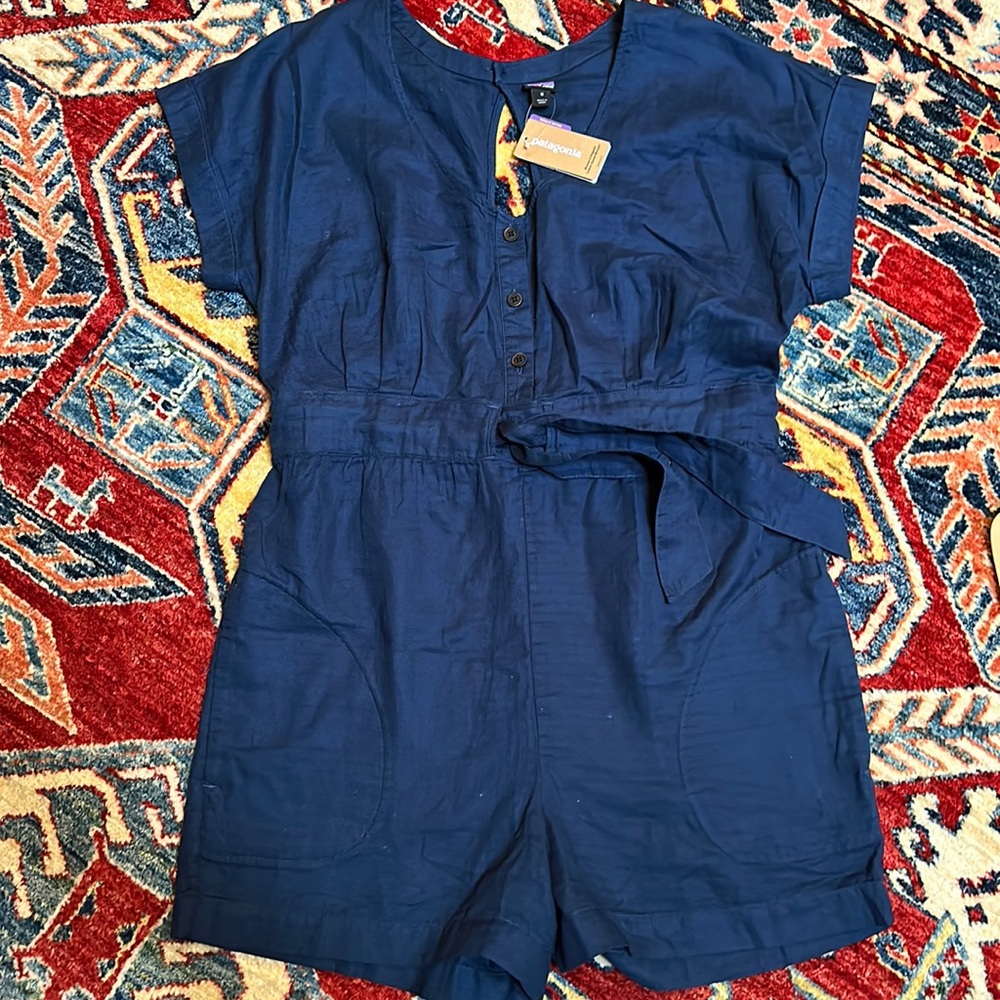Patagonia Navy Short-Sleeve Romper with Waist Tie